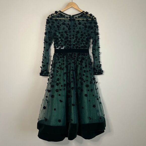 Mac Duggal Emerald Floral Embossed Illusion Midi Dress 67007 Size 4 - Picture 9 of 10